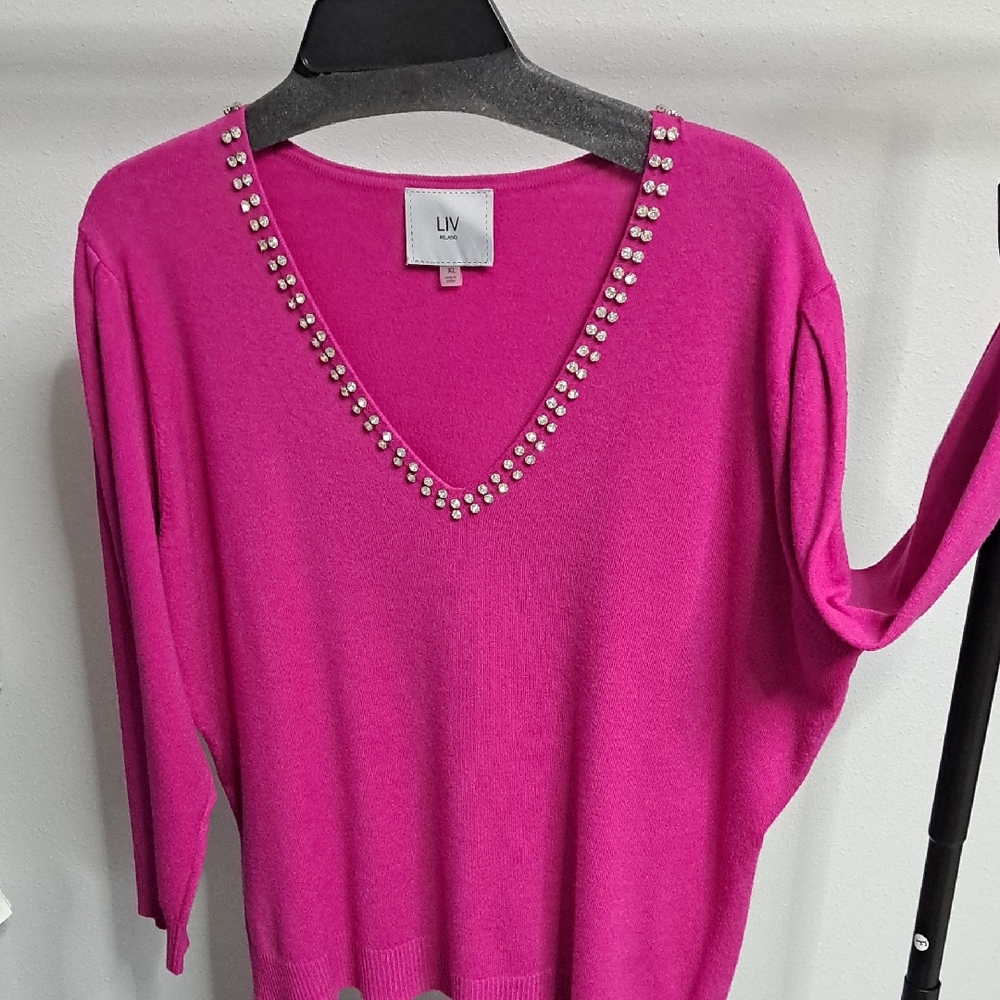 LIV Fuchsia V-Neck Sweater with Studded Detail